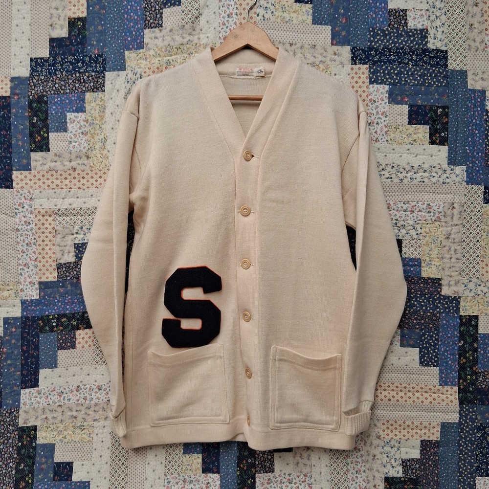 True Vintage Wilson Sports Letterman Varsity Cardigan Sweater Mens 42 Off White